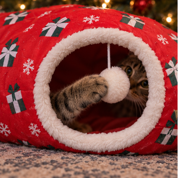 Cat paw batting the white pom-pom inside the Christmas tunnel