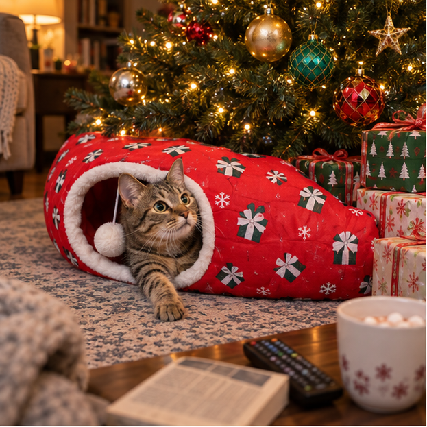 Grey tabby cat popping out of the red Christmas Tree Cat Tunnel beside a decorated tree