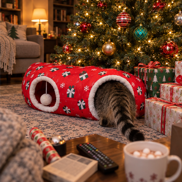 Cat entering the red Christmas tunnel in a lived-in holiday living room