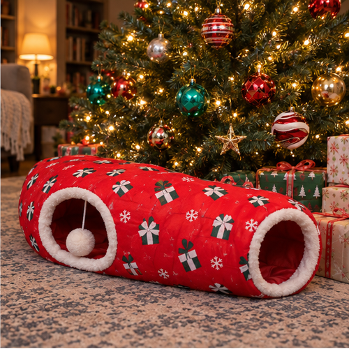 Red plush Christmas cat tunnel with two white-trimmed openings and a hanging pom-pom