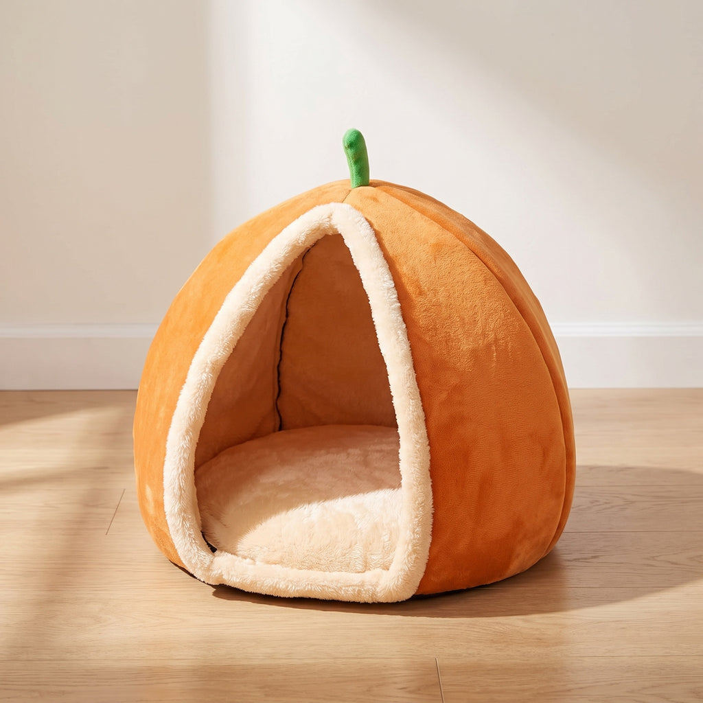 Pumpkin Nook plush pumpkin cat cave with cream-trimmed opening and green stem